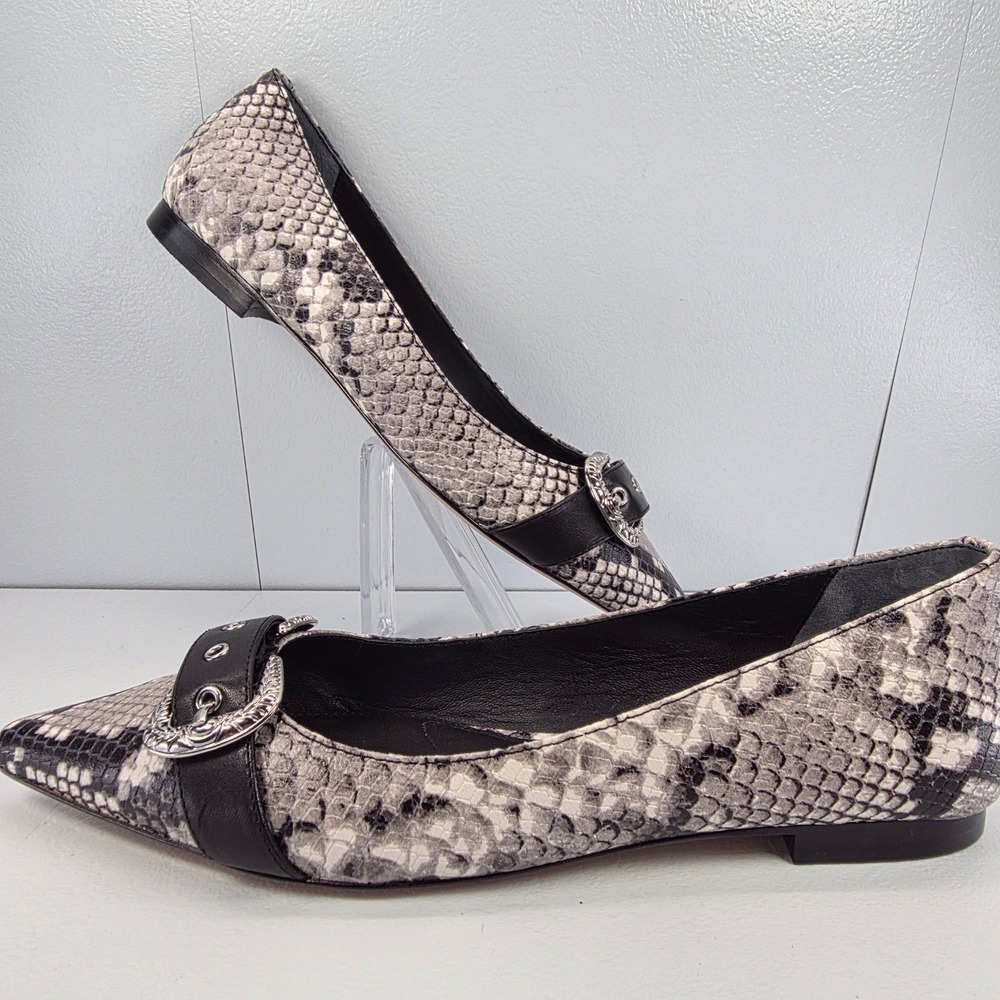 Paige Womens Snakeskin Pointed Toe Alisa Flats Silver Western Buckle Grey Black